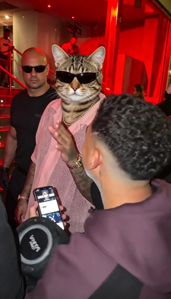 Cat character in sunglasses at a red-lit nightclub entrance