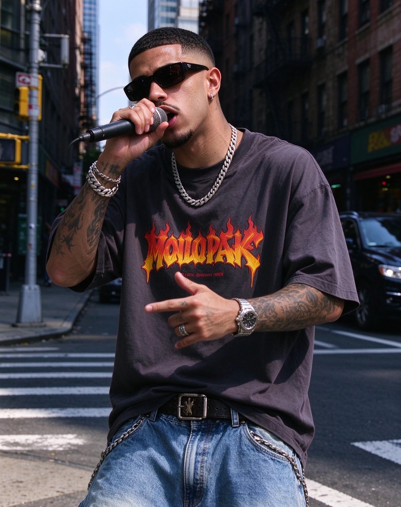 Rapper holding a microphone on a city street